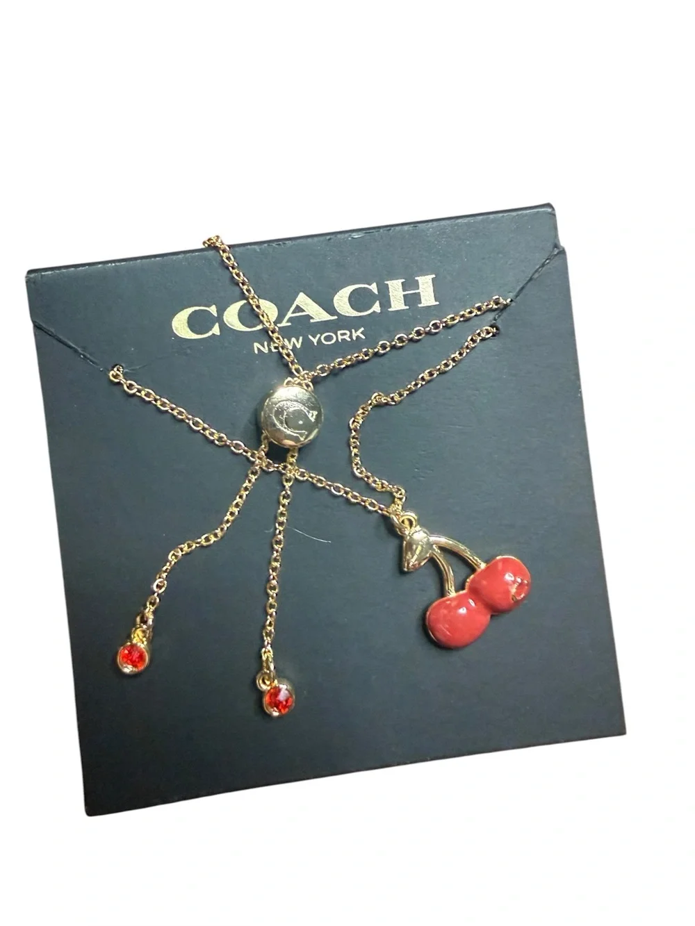 Coach Cherry Slider Bracelet Gold Tone Red Enamel Cherry Charm Rhinestone